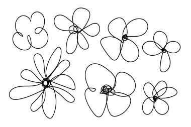 Yapraklı çiçek koleksiyonu, çiçek buketleri. Beyaz arka planda minimalist siyah çizim. Vektör illüstrasyonu