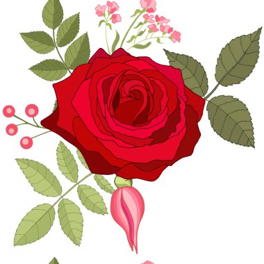 Pembe güllerle kusursuz desen. Çiçek arkaplanı. Tasarımınız için sonsuz doku, tebrik kartları, duyurular, posterler. Tekstil baskısı ve duvar kağıdı için doğal vektör çizimi. Kırmızı. 