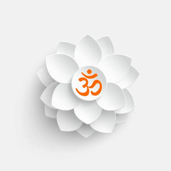 Paper flower. White lotus cut from paper. Om or Aum Indian sacred sound. The symbol of the divine triad of Brahma, Vishnu and Shiva. The sign of the ancient mantra. Om symbol sign on white background