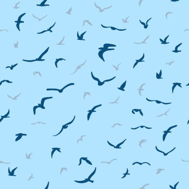Uçan siluet kuş sürüsü. Kuşlar kusursuz desenli. Mavi arka planda beyaz martılar. Vektör illüstrasyonu. 