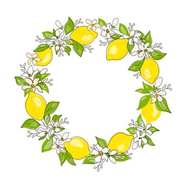 Çiçekli limon dalları. Limonlar, yapraklar ve çiçekli bir çerçeve. Çerçeve kümesi limon illüstrasyonunu dallandırıyor.. 