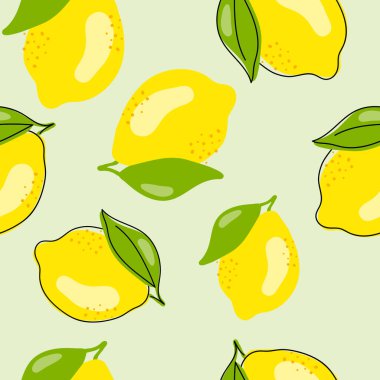 Taze sarı limon, yeşil yapraklı ve çiçekli limon meyveleri. Beyaz arka planda kusursuz turunçgil dokusu. Limon dilimi. Doodle Minimal Style. Siyah çizgi. Vektör illüstrasyonu. 