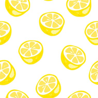 Taze sarı limon, yeşil yapraklı ve çiçekli limon meyveleri. Beyaz arka planda kusursuz turunçgil dokusu. Limon dilimi. Doodle Minimal Style. Siyah çizgi. Vektör illüstrasyonu. 