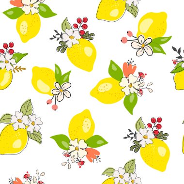 Taze sarı limon, yeşil yapraklı ve çiçekli limon meyveleri. Beyaz arka planda kusursuz turunçgil dokusu. Limon dilimi. Doodle Minimal Style. Siyah çizgi. Vektör illüstrasyonu. 