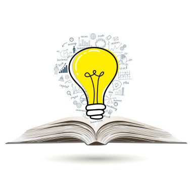 İş konsepti. Ticari başarıya sahip ampul açık kitap üzerine strateji planı çiziyor. Vektör illüstrasyonu. 