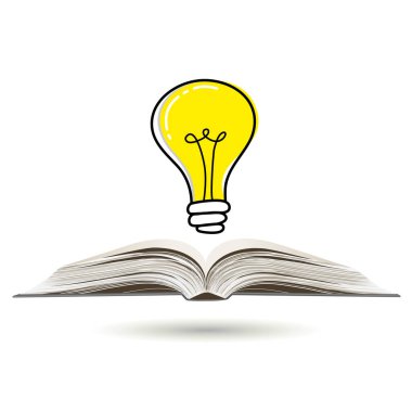 İş konsepti. Ticari başarıya sahip ampul açık kitap üzerine strateji planı çiziyor. Vektör illüstrasyonu.