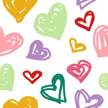 Elle çizilmiş kalpler pürüzsüz desen. Kalp, siyah-beyaz vektör minimalist aşk konseptinin kesintisiz çizimi. 