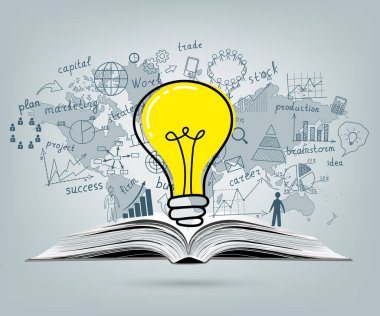 İş konsepti. Ticari başarıya sahip ampul açık kitap üzerine strateji planı çiziyor. Vektör illüstrasyonu. 