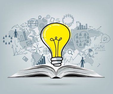 İş konsepti. Ticari başarıya sahip ampul açık kitap üzerine strateji planı çiziyor. Vektör illüstrasyonu. 