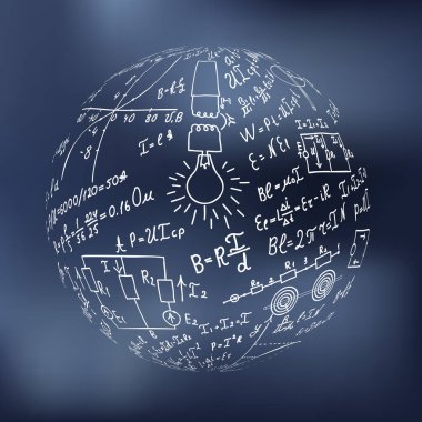 Ampulün etrafındaki matematiksel denklemler ve formüller gri zemin üzerinde - vektör çizimi. Bilim. 