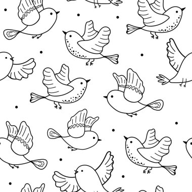 Beyaz arka planda siyah beyaz karalama kuşları. Tekstil baskısı ve ambalajı için düz elle çizilmiş kuş koleksiyonu 