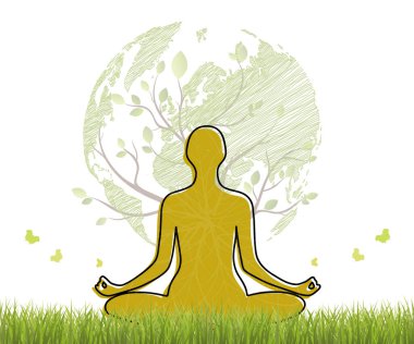 Yoga. Lotus pozunda rahatlayan biri. Meditasyon. Uluslararası yoga günü web pankartı. Düz dizayn edilmiş yoga pozu. Sağlıklı yaşam tarzı.