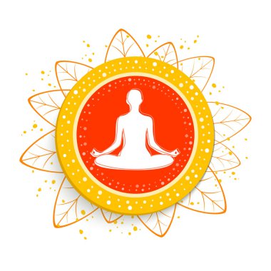 Yoga. Lotus pozunda rahatlayan biri. Meditasyon. Uluslararası yoga günü web pankartı. Düz dizayn edilmiş yoga pozu. Om ya da Aum Kızılderili kutsal sesi. Vektör 
