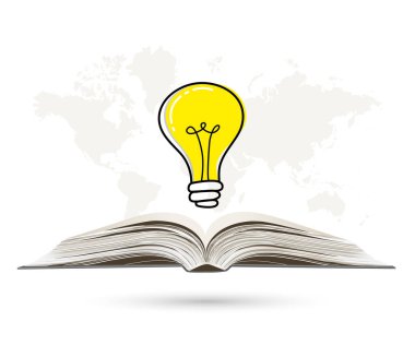 İş konsepti. Ticari başarıya sahip ampul açık kitap üzerine strateji planı çiziyor. Vektör illüstrasyonu. 