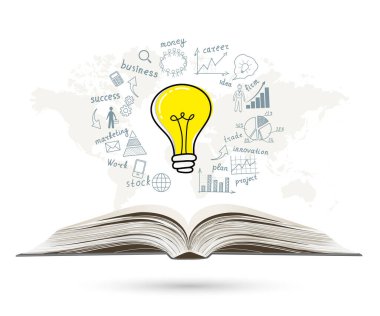 İş konsepti. Ticari başarıya sahip ampul açık kitap üzerine strateji planı çiziyor. Vektör illüstrasyonu. 