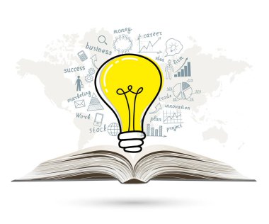 İş konsepti. Ticari başarıya sahip ampul açık kitap üzerine strateji planı çiziyor. Vektör illüstrasyonu. 