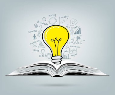 İş konsepti. Ticari başarıya sahip ampul açık kitap üzerine strateji planı çiziyor. Vektör illüstrasyonu. 
