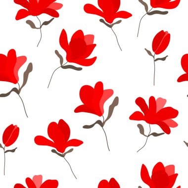 Magnolia, şeffaf arkaplanda kırmızı lale. Kusursuz desen. Çiçekli grafik tasarımı. Tekstil ve duvar kağıtları için vektör sanat çizimi. Kelime. 