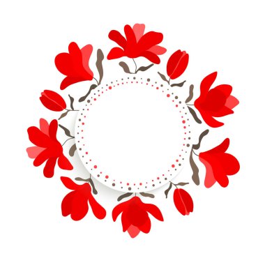 Çiçek çerçevesi. Magnolia, beyaz arka planda kırmızı lale. Çiçekli grafik tasarımı. Tekstil ve duvar kağıtları için vektör sanat çizimi. Kelime. 