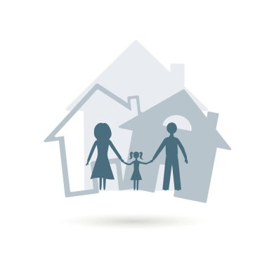 Ev. Çocukları olan mutlu bir aile. Evlerinin önünde yan yana duruyorlar. Ev için vektör illüstrasyon, gayrimenkul, konut alanı kavramı. 
