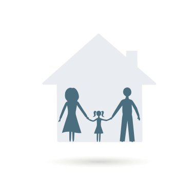 Ev. Çocukları olan mutlu bir aile. Evlerinin önünde yan yana duruyorlar. Ev için vektör illüstrasyon, gayrimenkul, konut alanı kavramı. 