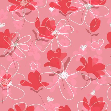 Magnolia, şeffaf arkaplanda kırmızı lale. Kusursuz desen. Çiçekli grafik tasarımı. Tekstil ve duvar kağıtları için vektör sanat çizimi. Kelime. 