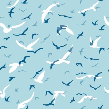 Uçan siluet kuş sürüsü. Kuşlar kusursuz desenli. Mavi arka planda beyaz martılar. Vektör i