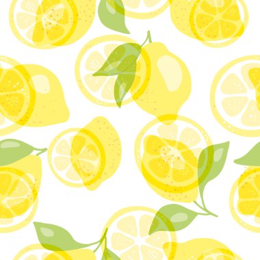 Taze sarı limon, yeşil yapraklı ve çiçekli limon meyveleri. Beyaz arka planda kusursuz turunçgil dokusu. Limon dilimi. Doodle Minimal Style. Siyah çizgi. Vektör illüstrasyonu. 