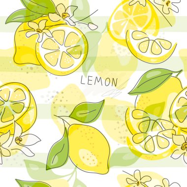 Taze sarı limon, yeşil yapraklı ve çiçekli limon meyveleri. Beyaz arka planda kusursuz turunçgil dokusu. Limon dilimi. Doodle Minimal Style. Siyah çizgi. Vektör çizimi. El yazısı.