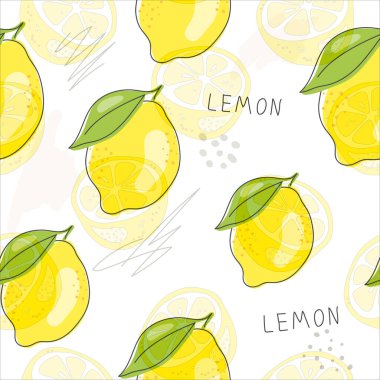 Taze sarı limon, yeşil yapraklı ve çiçekli limon meyveleri. Beyaz arka planda kusursuz turunçgil dokusu. Limon dilimi. Doodle Minimal Style. Siyah çizgi. Vektör çizimi. El yazısı.