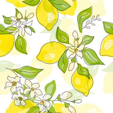 Taze sarı limon, yeşil yapraklı ve çiçekli limon meyveleri. Beyaz arka planda kusursuz turunçgil dokusu. Limon dilimi. Doodle Minimal Style. Siyah çizgi. Vektör çizimi. El yazısı.