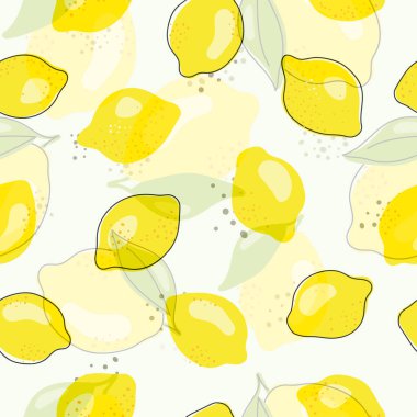 Taze sarı limon, yeşil yapraklı ve çiçekli limon meyveleri. Beyaz arka planda kusursuz turunçgil dokusu. Limon dilimi. Doodle Minimal Style. Siyah çizgi. Vektör çizimi. El yazısı.