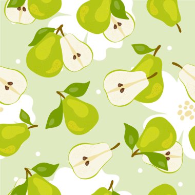 Taze yeşil ve yarım armut, yapraklar, beyaz arka planda meyveler. Karalama desensiz. Asgari düzeyde. Vektör el yazısı çizimi. Elle çizilmiş. Vejetaryen yemeği. Sağlıklı yemek takımı.