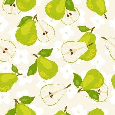 Taze yeşil ve yarım armut, yapraklar, beyaz arka planda meyveler. Karalama desensiz. Asgari düzeyde. Vektör el yazısı çizimi. Elle çizilmiş. Vejetaryen yemeği. Sağlıklı yemek takımı.