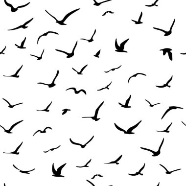 Uçan siluet kuş sürüsü. Kuşlar kusursuz desenli. Mavi arka planda beyaz martılar. Vektör illüstrasyonu.