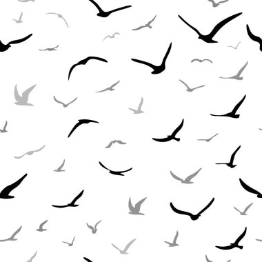 Uçan siluet kuş sürüsü. Kuşlar kusursuz desenli. Mavi arka planda beyaz martılar. Vektör illüstrasyonu.