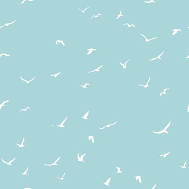 Uçan siluet kuş sürüsü. Kuşlar kusursuz desenli. Mavi arka planda beyaz martılar. Vektör 