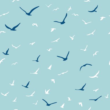 Uçan siluet kuş sürüsü. Kuşlar kusursuz desenli. Mavi arka planda beyaz martılar. Vektör 