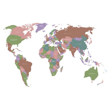 Dünya haritası. Dünyanın mavi politik haritası beyaz arka planda kağıttan kesilmiş. Ülkeler. Vektör illüstrasyonu.