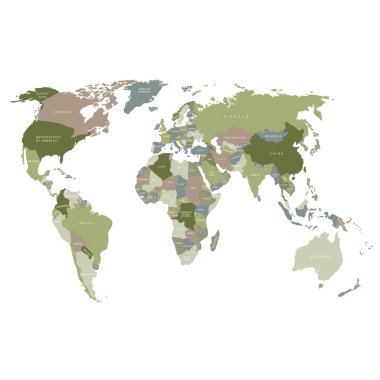 Dünya haritası. Dünyanın mavi politik haritası beyaz arka planda kağıttan kesilmiş. Ülkeler. Vektör illüstrasyonu.