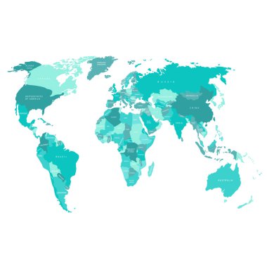 Dünya haritası. Dünyanın mavi politik haritası beyaz arka planda kağıttan kesilmiş. Ülkeler. Vektör illüstrasyonu.