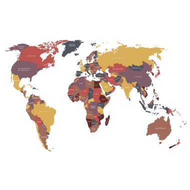 Dünya haritası. Dünyanın mavi politik haritası beyaz arka planda kağıttan kesilmiş. Ülkeler. Vektör illüstrasyonu.