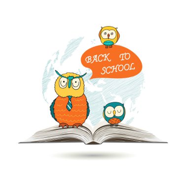 Okula dönelim. Klibin arka plan tasarımına tekrar hoş geldiniz. Kravat takmış akıllı bir baykuş ve iki küçük baykuş açık bir kitabın üzerinde ağaçta oturuyorlar. Vektör illüstrasyonu.