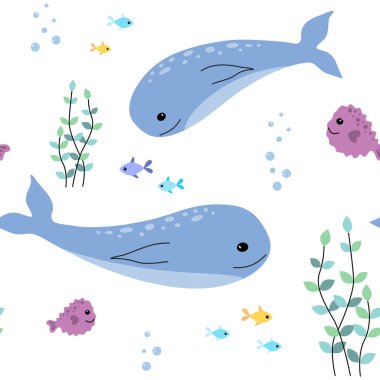 Şirin deniz hayvanlarıyla kusursuz desen. Beyaz arka planda grafikler, duvar kâğıtları, ambalaj kağıtları, çocuklar için yatak, kumaş, yastık, bardak. Vektör illüstrasyonu