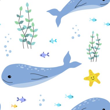 Şirin deniz hayvanlarıyla kusursuz desen. Beyaz arka planda grafikler, duvar kâğıtları, ambalaj kağıtları, çocuklar için yatak, kumaş, yastık, bardak. Vektör illüstrasyonu