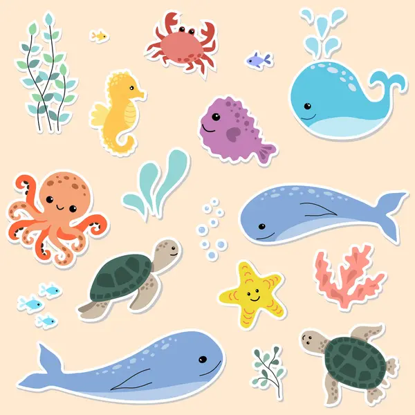 Cute cartoon underwater animals stickers pack. Hand drawn sea life elements for printing, poster, card, clothes. Vector illustration