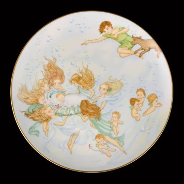 antique porcelain plate with a beautiful fairy on a black background. Round picture for decoupage.