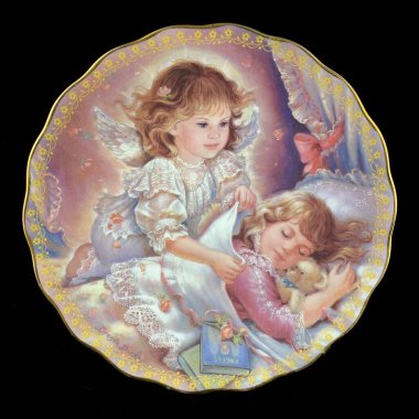 Little girl in a beautiful dress with a basket of eggs on a black background. Round picture for decoupage.