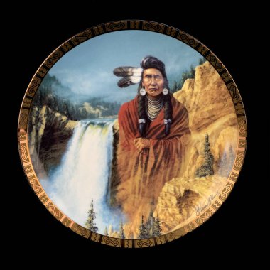 Native american indian chief on a round plate isolated on black. Round picture for decoupage.