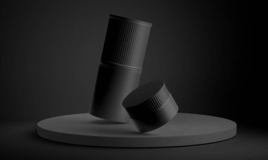 Cosmetics mockup. black cosmetic containers isolated on grey. set of cosmetic products on a gray background. Cream bag collection.